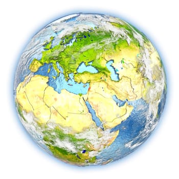 Lebanon highlighted in red on planet Earth. 3D illustration isolated on white background. Elements of this image furnished by NASA.