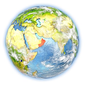 Oman highlighted in red on planet Earth. 3D illustration isolated on white background. Elements of this image furnished by NASA.