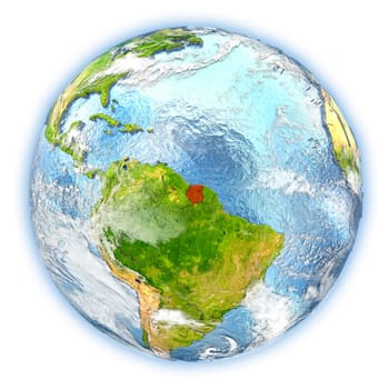 Suriname highlighted in red on planet Earth. 3D illustration isolated on white background. Elements of this image furnished by NASA.