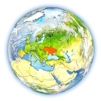 Ukraine highlighted in red on planet Earth. 3D illustration isolated on white background. Elements of this image furnished by NASA.
