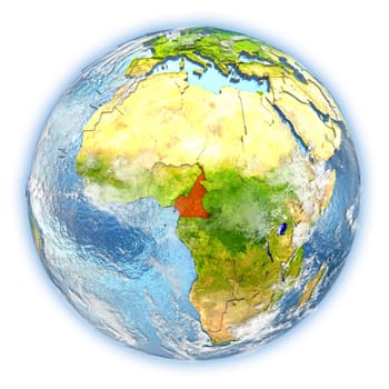 Cameroon highlighted in red on planet Earth. 3D illustration isolated on white background. Elements of this image furnished by NASA.