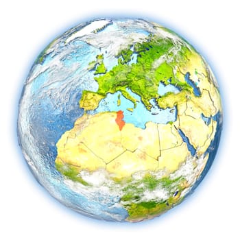 Tunisia highlighted in red on planet Earth. 3D illustration isolated on white background. Elements of this image furnished by NASA.
