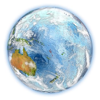 Vanuatu highlighted in red on planet Earth. 3D illustration isolated on white background. Elements of this image furnished by NASA.