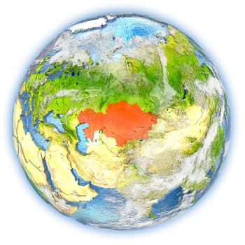 Kazakhstan highlighted in red on planet Earth. 3D illustration isolated on white background. Elements of this image furnished by NASA.