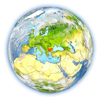 Bulgaria highlighted in red on planet Earth. 3D illustration isolated on white background. Elements of this image furnished by NASA.