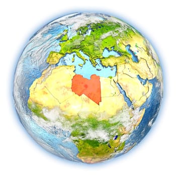 Libya highlighted in red on planet Earth. 3D illustration isolated on white background. Elements of this image furnished by NASA.