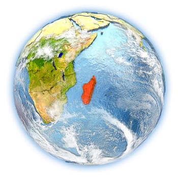 Madagascar highlighted in red on planet Earth. 3D illustration isolated on white background. Elements of this image furnished by NASA.