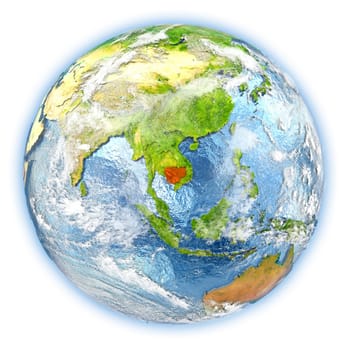 Cambodia highlighted in red on planet Earth. 3D illustration isolated on white background. Elements of this image furnished by NASA.