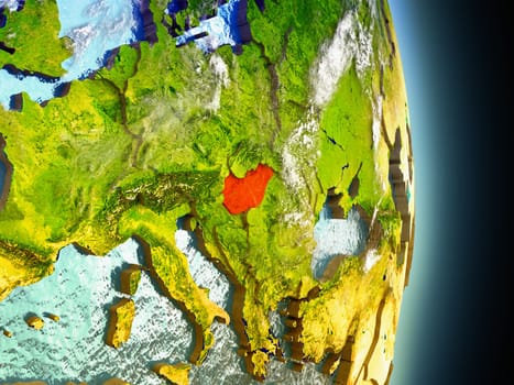 Model of Hungary from Earth's orbit in space. 3D illustration with highly detailed realistic planet surface and clouds in the atmosphere. Elements of this image furnished by NASA.