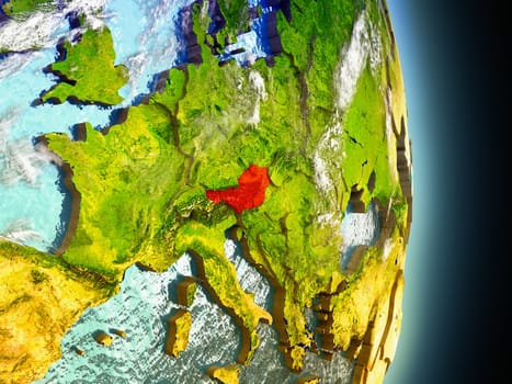 Model of Austria from Earth's orbit in space. 3D illustration with highly detailed realistic planet surface and clouds in the atmosphere. Elements of this image furnished by NASA.