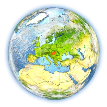 Hungary highlighted in red on planet Earth. 3D illustration isolated on white background. Elements of this image furnished by NASA.