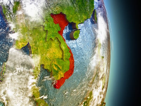 Model of Vietnam from Earth's orbit in space. 3D illustration with highly detailed realistic planet surface and clouds in the atmosphere. Elements of this image furnished by NASA.