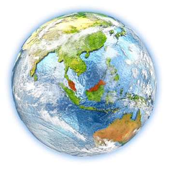 Malaysia highlighted in red on planet Earth. 3D illustration isolated on white background. Elements of this image furnished by NASA.