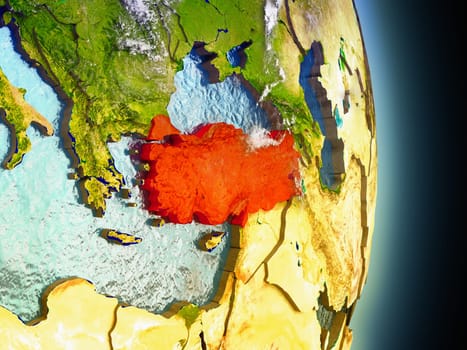 Model of Turkey from Earth's orbit in space. 3D illustration with highly detailed realistic planet surface and clouds in the atmosphere. Elements of this image furnished by NASA.