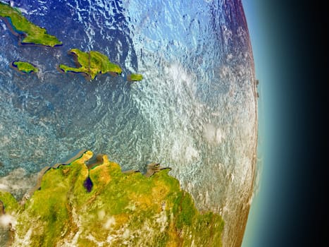Model of Caribbean from Earth's orbit in space. 3D illustration with highly detailed realistic planet surface and clouds in the atmosphere. Elements of this image furnished by NASA.