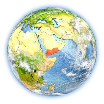 Yemen highlighted in red on planet Earth. 3D illustration isolated on white background. Elements of this image furnished by NASA.