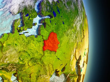 Model of Belarus from Earth's orbit in space. 3D illustration with highly detailed realistic planet surface and clouds in the atmosphere. Elements of this image furnished by NASA.