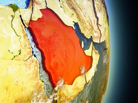 Model of Saudi Arabia from Earth's orbit in space. 3D illustration with highly detailed realistic planet surface and clouds in the atmosphere. Elements of this image furnished by NASA.