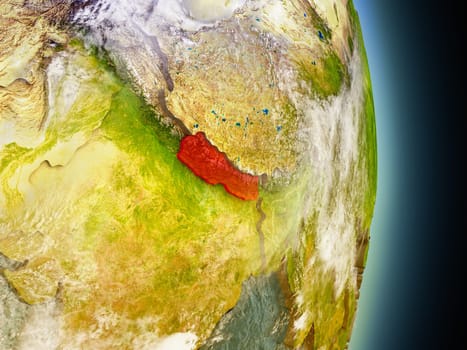 Model of Nepal from Earth's orbit in space. 3D illustration with highly detailed realistic planet surface and clouds in the atmosphere. Elements of this image furnished by NASA.