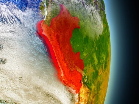 Model of Peru from Earth's orbit in space. 3D illustration with highly detailed realistic planet surface and clouds in the atmosphere. Elements of this image furnished by NASA.