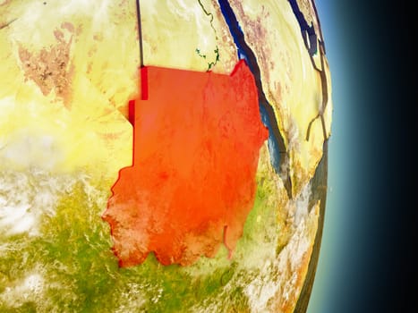 Model of Sudan from Earth's orbit in space. 3D illustration with highly detailed realistic planet surface and clouds in the atmosphere. Elements of this image furnished by NASA.