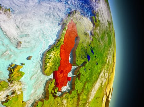 Model of Sweden from Earth's orbit in space. 3D illustration with highly detailed realistic planet surface and clouds in the atmosphere. Elements of this image furnished by NASA.