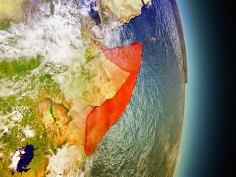 Model of Somalia from Earth's orbit in space. 3D illustration with highly detailed realistic planet surface and clouds in the atmosphere. Elements of this image furnished by NASA.