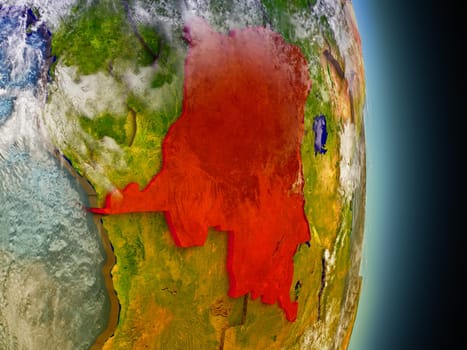 Model of Democratic Republic of Congo from Earth's orbit in space. 3D illustration with highly detailed realistic planet surface and clouds in the atmosphere. Elements of this image furnished by NASA.