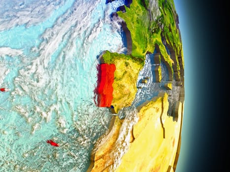 Model of Portugal from Earth's orbit in space. 3D illustration with highly detailed realistic planet surface and clouds in the atmosphere. Elements of this image furnished by NASA.