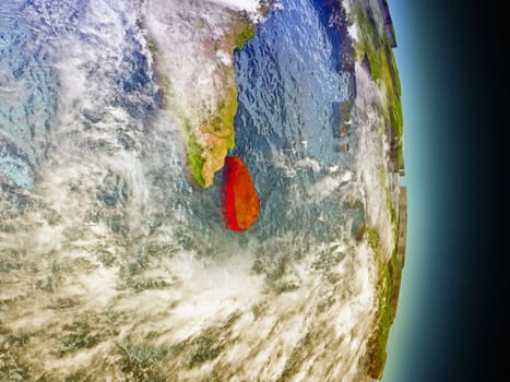 Model of Sri Lanka from Earth's orbit in space. 3D illustration with highly detailed realistic planet surface and clouds in the atmosphere. Elements of this image furnished by NASA.