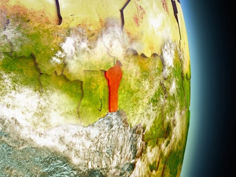 Model of Benin from Earth's orbit in space. 3D illustration with highly detailed realistic planet surface and clouds in the atmosphere. Elements of this image furnished by NASA.