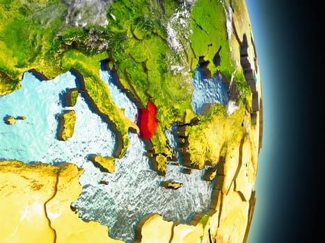 Model of Albania from Earth's orbit in space. 3D illustration with highly detailed realistic planet surface and clouds in the atmosphere. Elements of this image furnished by NASA.