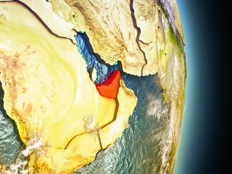 Model of United Arab Emirates from Earth's orbit in space. 3D illustration with highly detailed realistic planet surface and clouds in the atmosphere. Elements of this image furnished by NASA.