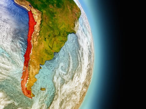 Model of Chile from Earth's orbit in space. 3D illustration with highly detailed realistic planet surface and clouds in the atmosphere. Elements of this image furnished by NASA.