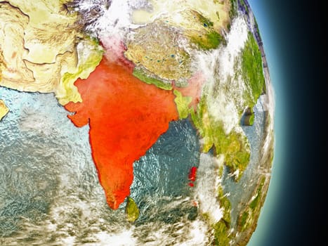 Model of India from Earth's orbit in space. 3D illustration with highly detailed realistic planet surface and clouds in the atmosphere. Elements of this image furnished by NASA.