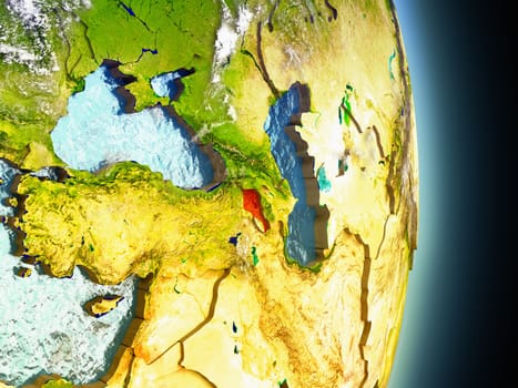 Model of Armenia from Earth's orbit in space. 3D illustration with highly detailed realistic planet surface and clouds in the atmosphere. Elements of this image furnished by NASA.