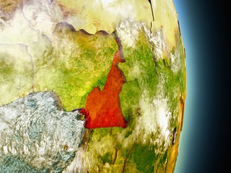 Model of Cameroon from Earth's orbit in space. 3D illustration with highly detailed realistic planet surface and clouds in the atmosphere. Elements of this image furnished by NASA.