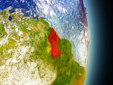 Model of Guyana from Earth's orbit in space. 3D illustration with highly detailed realistic planet surface and clouds in the atmosphere. Elements of this image furnished by NASA.