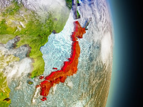 Model of Japan from Earth's orbit in space. 3D illustration with highly detailed realistic planet surface and clouds in the atmosphere. Elements of this image furnished by NASA.
