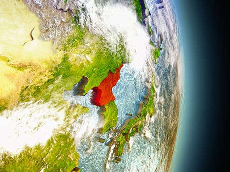 Model of North Korea from Earth's orbit in space. 3D illustration with highly detailed realistic planet surface and clouds in the atmosphere. Elements of this image furnished by NASA.