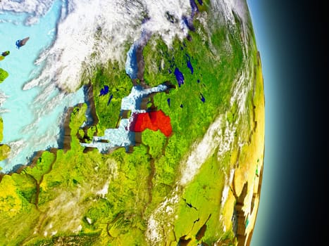 Model of Latvia from Earth's orbit in space. 3D illustration with highly detailed realistic planet surface and clouds in the atmosphere. Elements of this image furnished by NASA.
