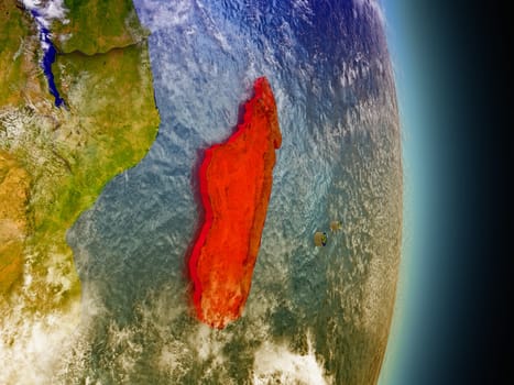 Model of Madagascar from Earth's orbit in space. 3D illustration with highly detailed realistic planet surface and clouds in the atmosphere. Elements of this image furnished by NASA.