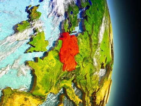 Model of Germany from Earth's orbit in space. 3D illustration with highly detailed realistic planet surface and clouds in the atmosphere. Elements of this image furnished by NASA.