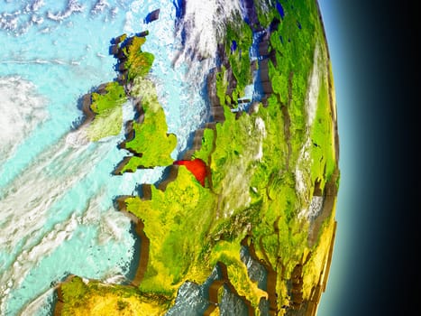 Model of Belgium from Earth's orbit in space. 3D illustration with highly detailed realistic planet surface and clouds in the atmosphere. Elements of this image furnished by NASA.