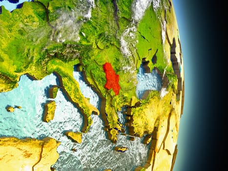 Model of Serbia from Earth's orbit in space. 3D illustration with highly detailed realistic planet surface and clouds in the atmosphere. Elements of this image furnished by NASA.