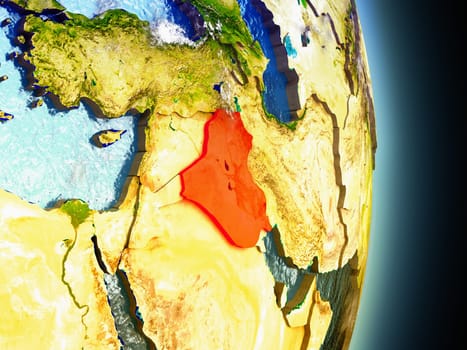 Model of Iraq from Earth's orbit in space. 3D illustration with highly detailed realistic planet surface and clouds in the atmosphere. Elements of this image furnished by NASA.