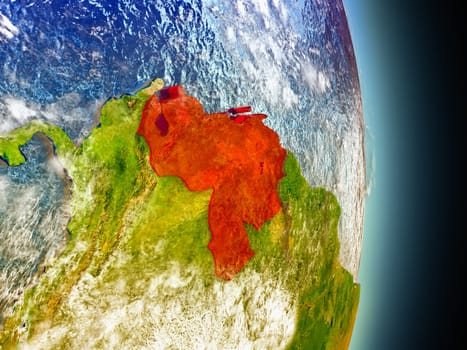 Model of Venezuela from Earth's orbit in space. 3D illustration with highly detailed realistic planet surface and clouds in the atmosphere. Elements of this image furnished by NASA.