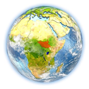 South Sudan highlighted in red on planet Earth. 3D illustration isolated on white background. Elements of this image furnished by NASA.