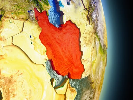 Model of Iran from Earth's orbit in space. 3D illustration with highly detailed realistic planet surface and clouds in the atmosphere. Elements of this image furnished by NASA.