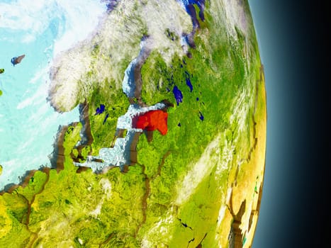 Model of Estonia from Earth's orbit in space. 3D illustration with highly detailed realistic planet surface and clouds in the atmosphere. Elements of this image furnished by NASA.
